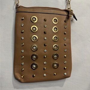 Elegant Tan Crossbody Bag with Gold Accents
